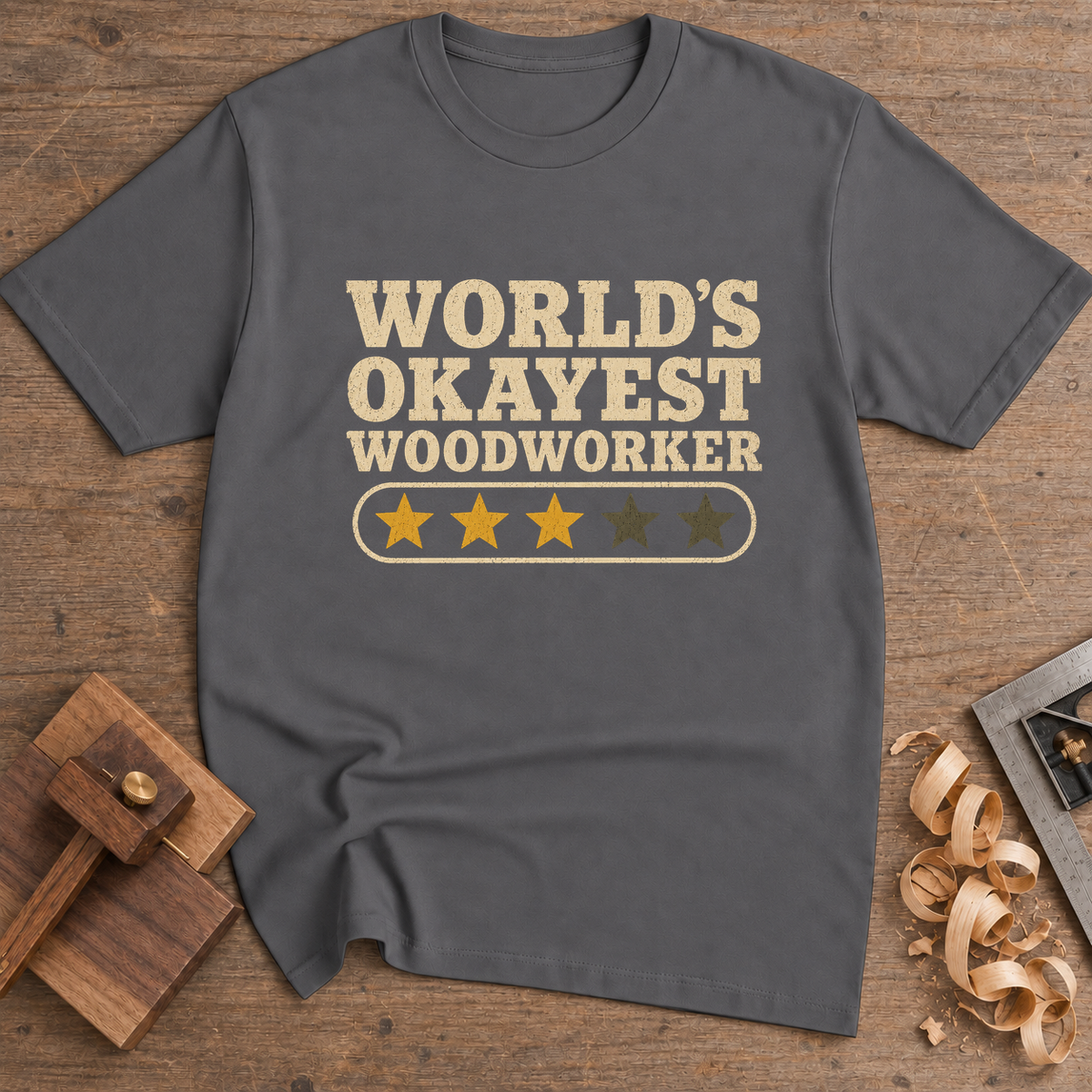 World's Okayest Woodworker T-Shirt — Charcoal